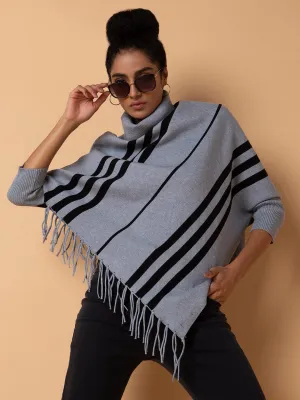 Women's Striped Grey Longline Poncho UV Protection Finish simple design