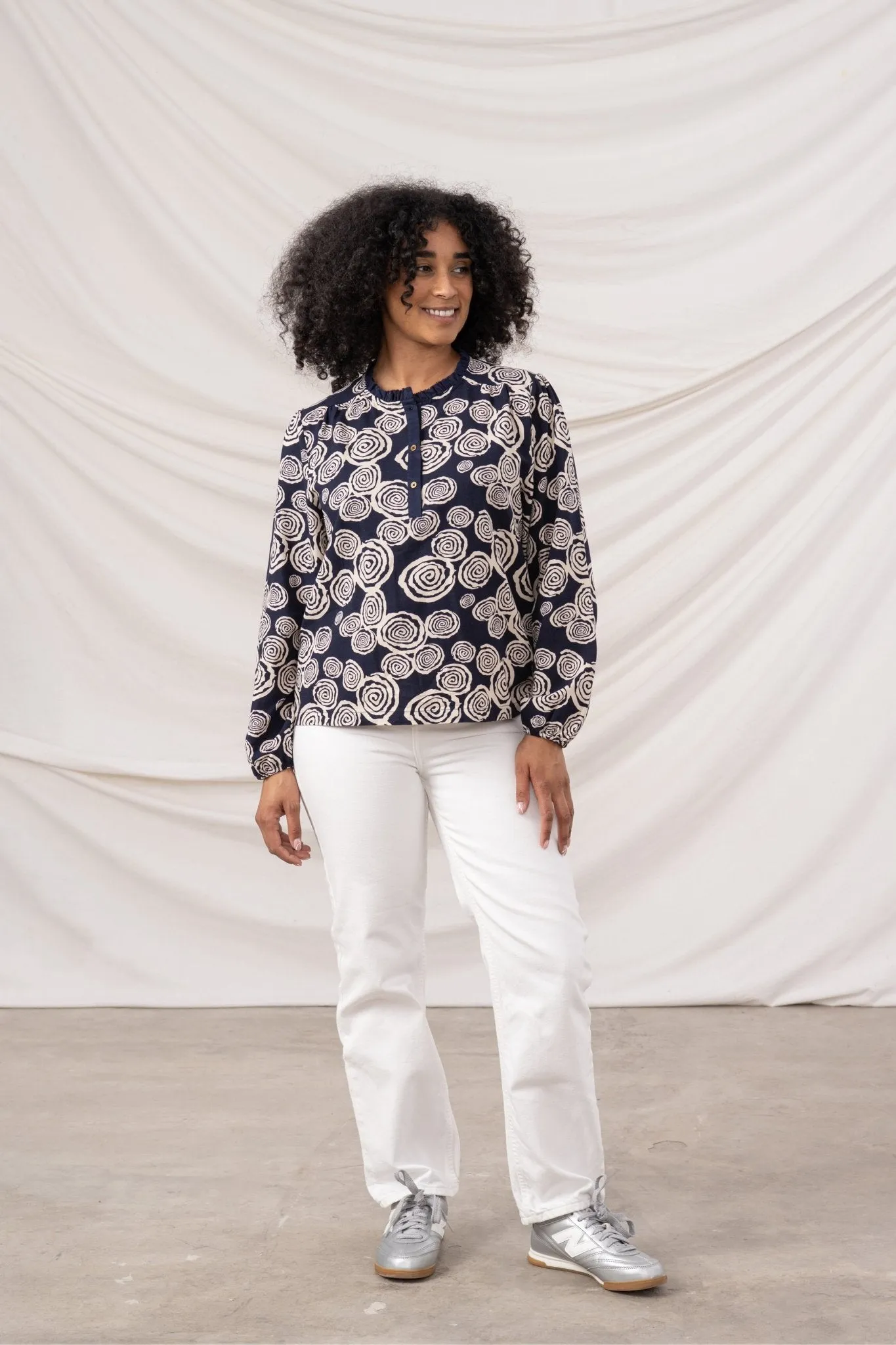Juliette Blouse - Navy Swirl Heavyweight Weave Machine washable