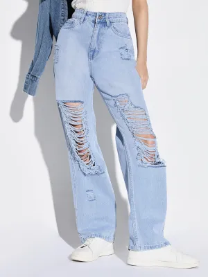 Women's Blue Comfort Wide Leg Highly Distressed Light Fade Jeans Sustainable Beach Day