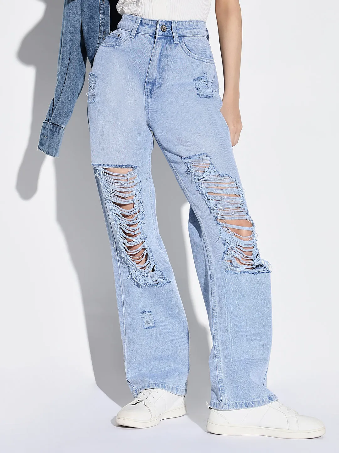 Women's Blue Comfort Wide Leg Highly Distressed Light Fade Jeans Sustainable Beach Day