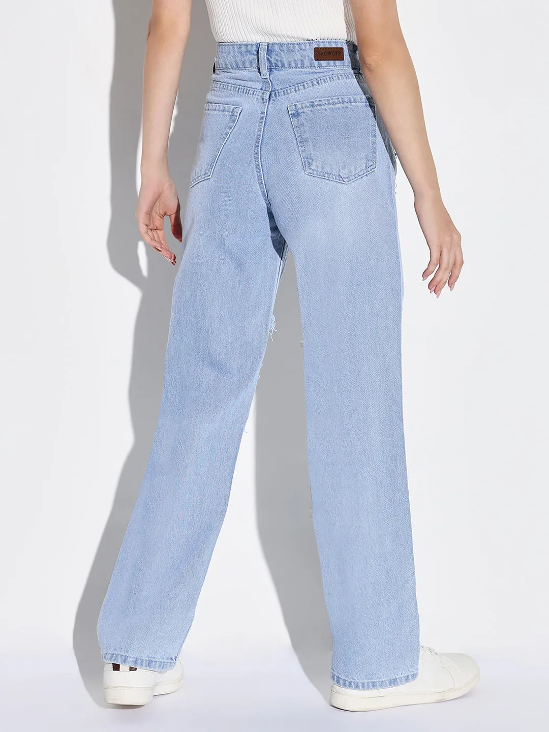 Cool Outfit Women's Blue Comfort Wide Leg Highly Distressed Light Fade Jeans