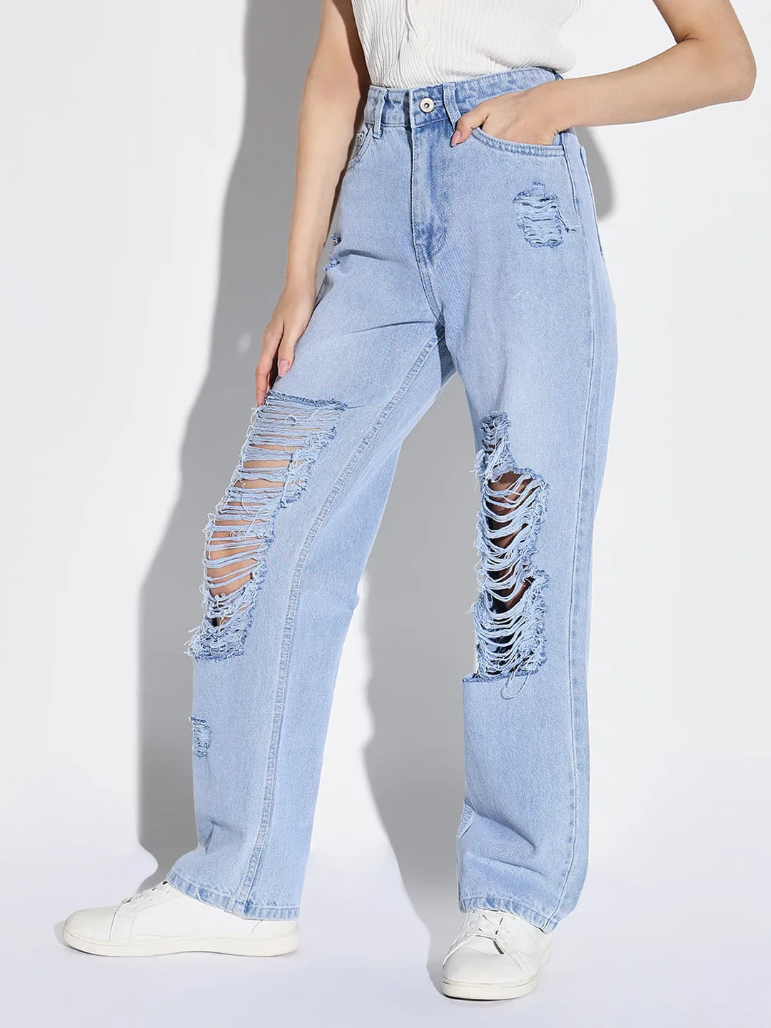 Women's Blue Comfort Wide Leg Highly Distressed Light Fade Jeans Go-To Style