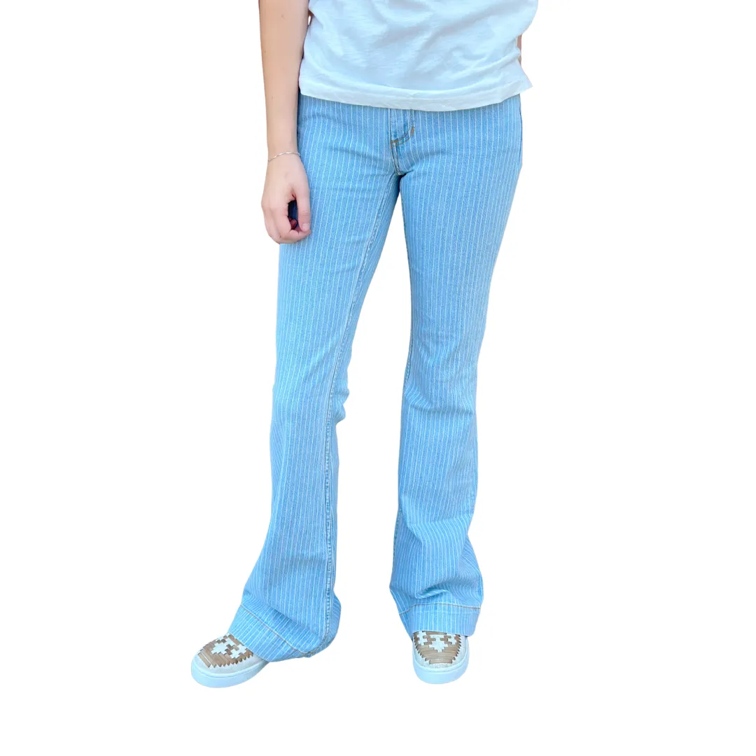 Minimalist Rainy Day Vintage Lover Moisture Wicking Inner Layer Kimes Ranch Women's Crystal Bareback Stripe Denim High Rise Trouser Jean