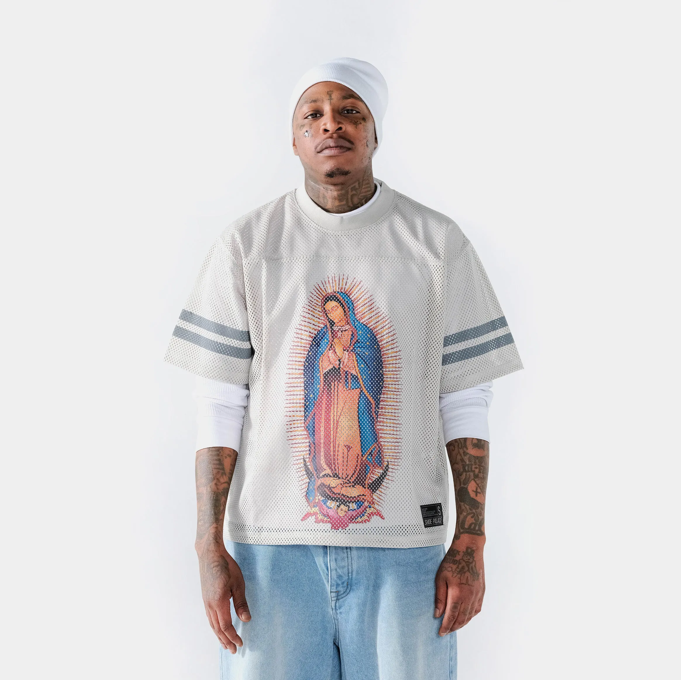 Lady Of Guadalupe Mesh Mens Jersey (Grey/Blue) Durable Stitching Speed Ready