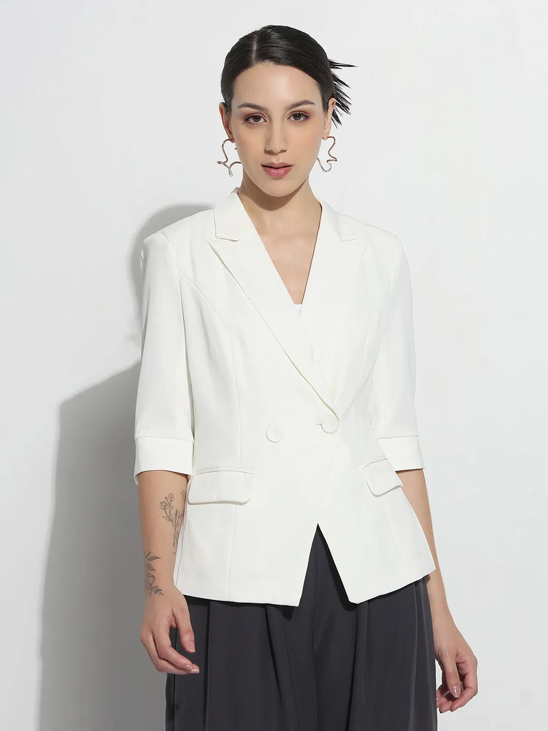 Breathable Mesh Panels Women's Off White Double Breasted Blazer with Shoulder Pads