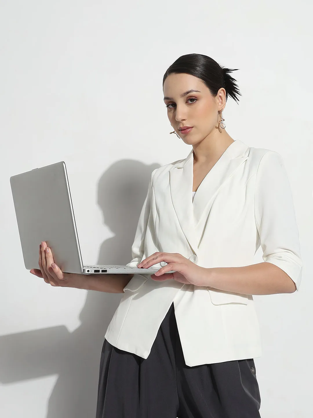 Flexible Fit Women's Off White Double Breasted Blazer with Shoulder Pads