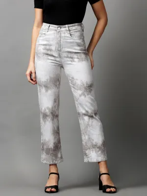 Women's Grey Heavy Fade Stretchable Denim Jeans Acid Wash Effect