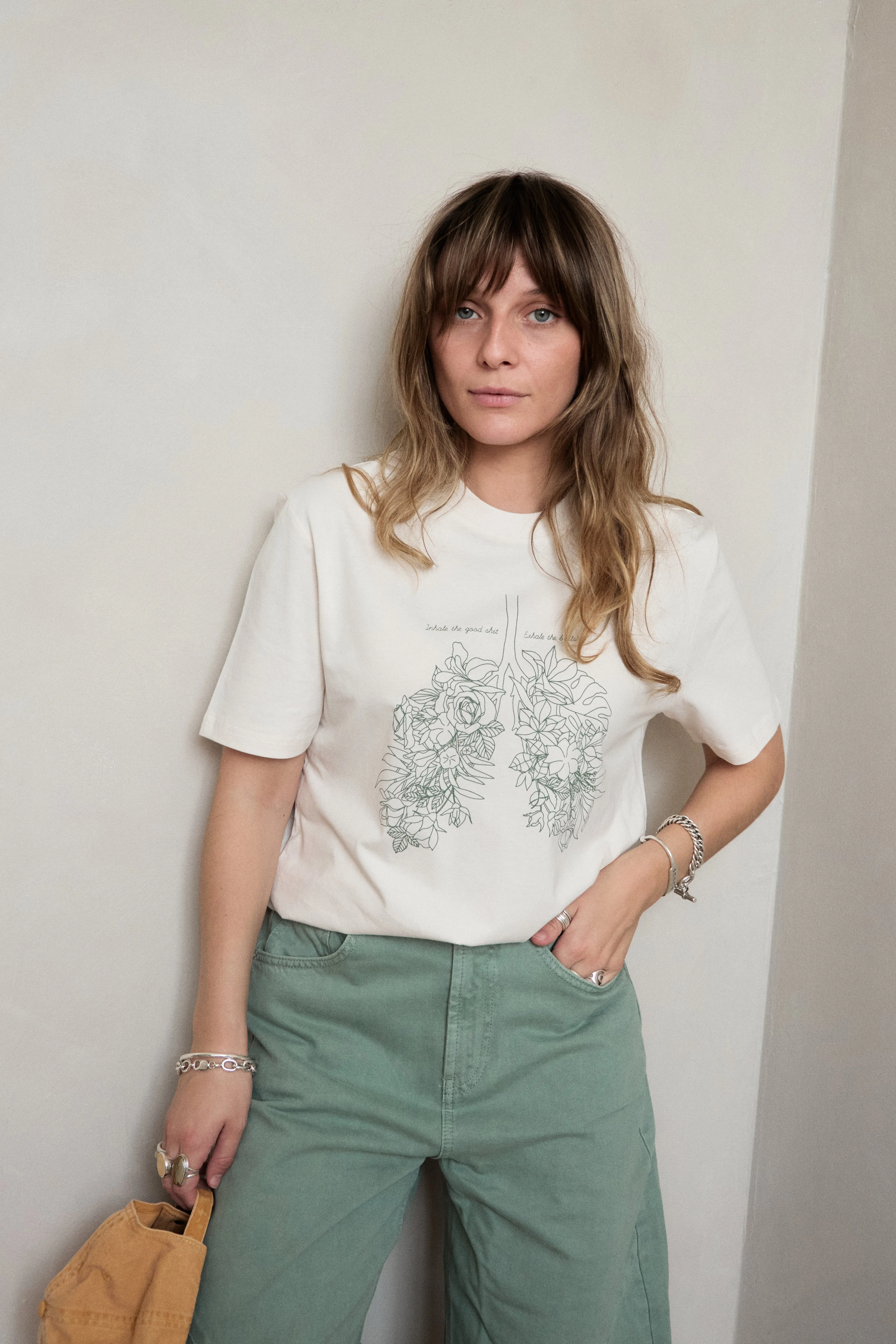 O&F Inhale Exhale Tee - Oat Stretch Jersey Knit Durable Wear