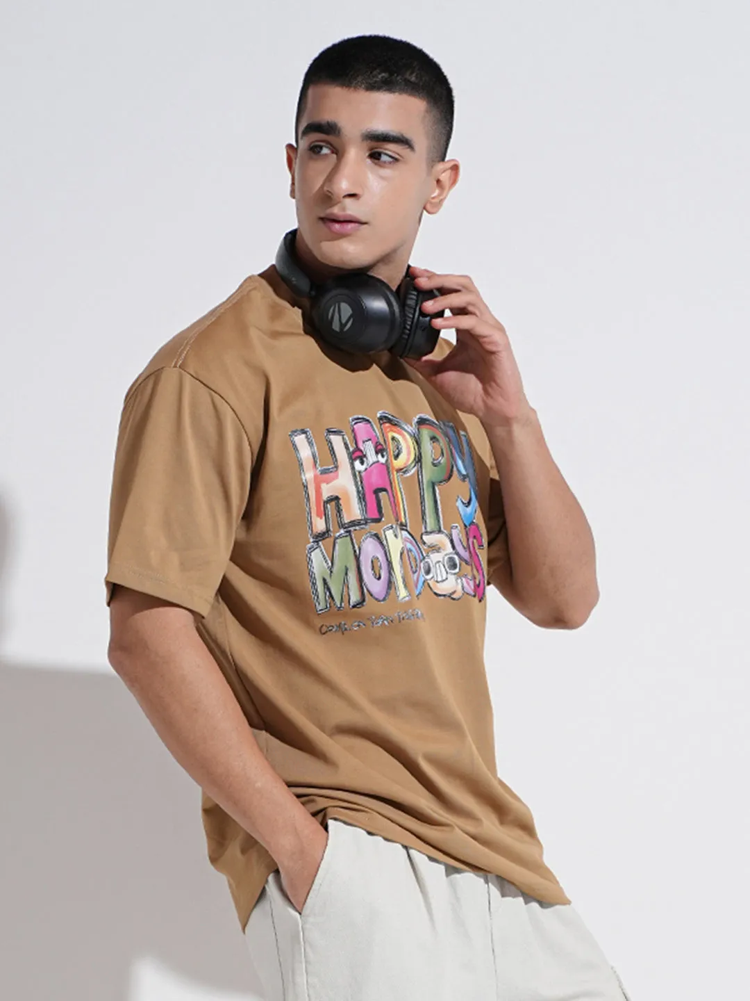 Men's Typography Brown Short Sleeves Round Neck Relaxed Fit T-Shirt Quick Dry Material