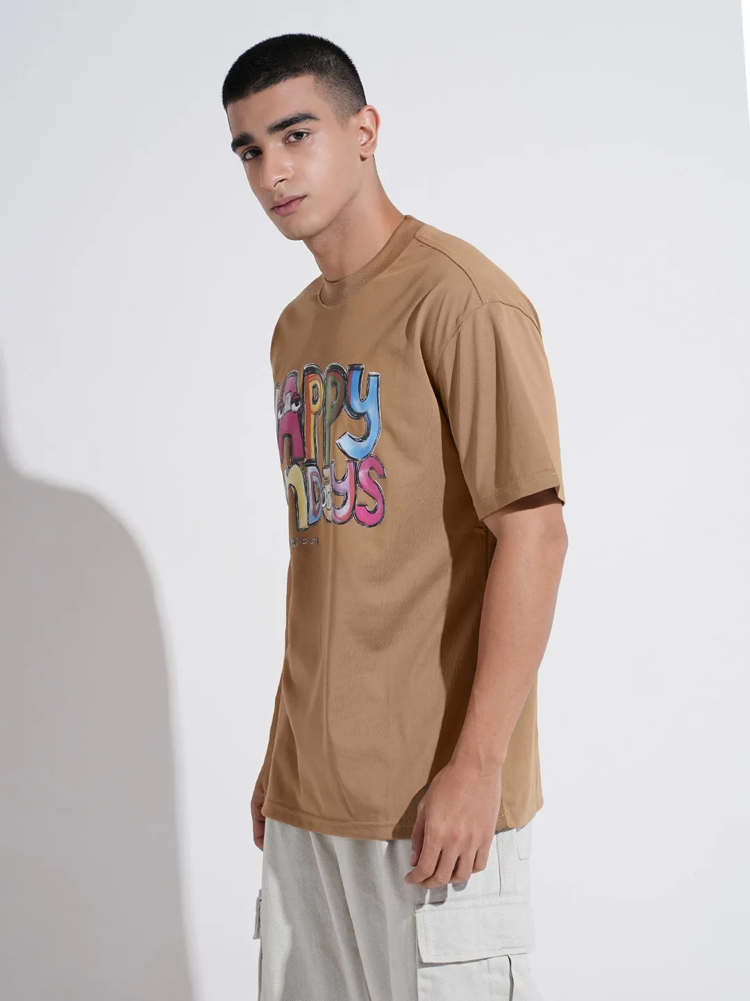 Men's Typography Brown Short Sleeves Round Neck Relaxed Fit T-Shirt discount offer Fashionable Look