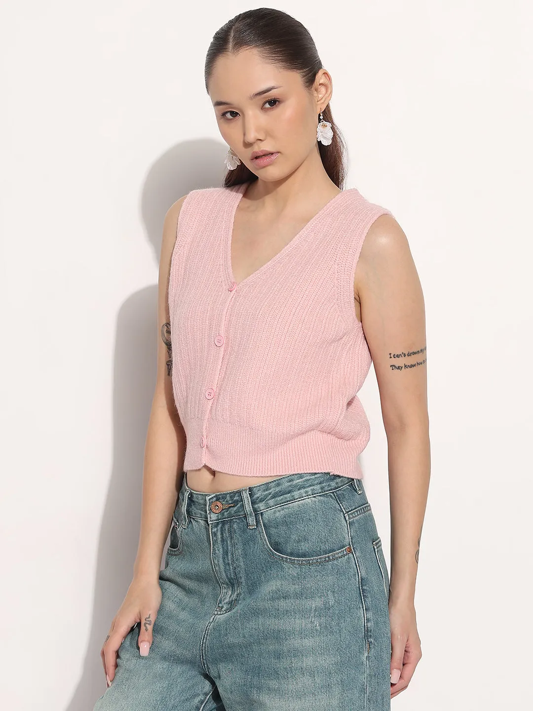 Morning Wear Women's Ribbed Pink V-Neck Sleeveless Knitted Top