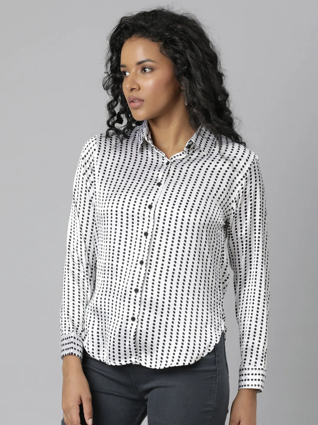Business Meeting Women's White Slim Fit Polka Dots Printed Satin Casual Shirt