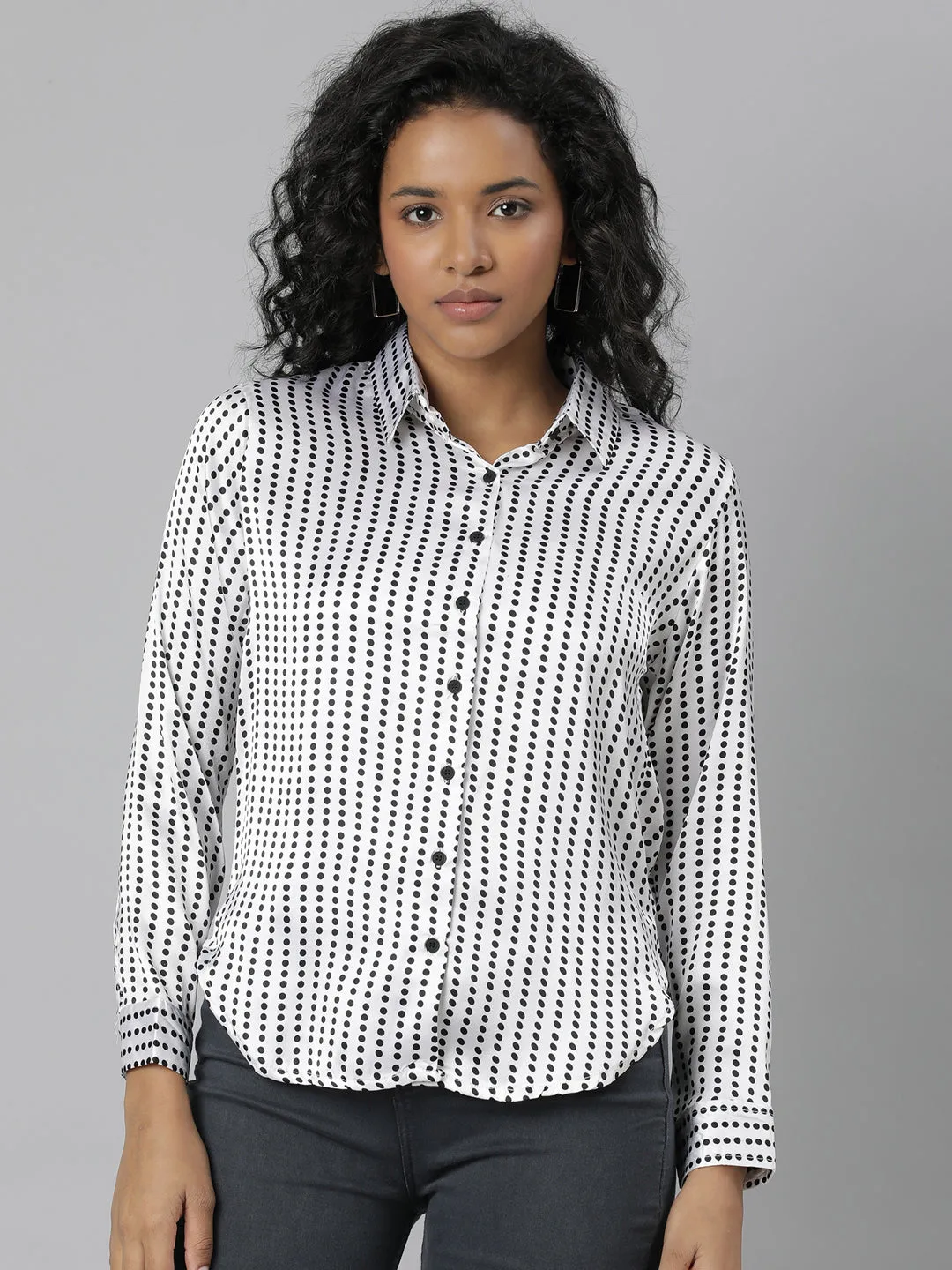 Women's White Slim Fit Polka Dots Printed Satin Casual Shirt Effortless Design Quick Fit Performance