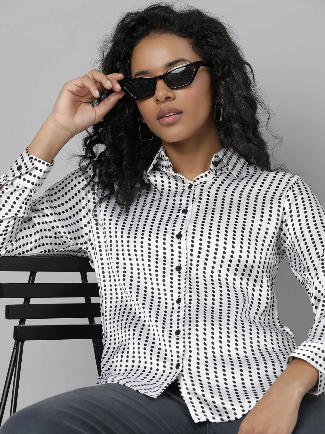 Women's White Slim Fit Polka Dots Printed Satin Casual Shirt Breathable Fit Wear