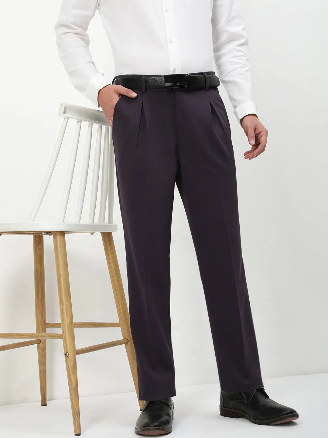 Low Profile Waistband Men's Grey Solid Formal Trousers
