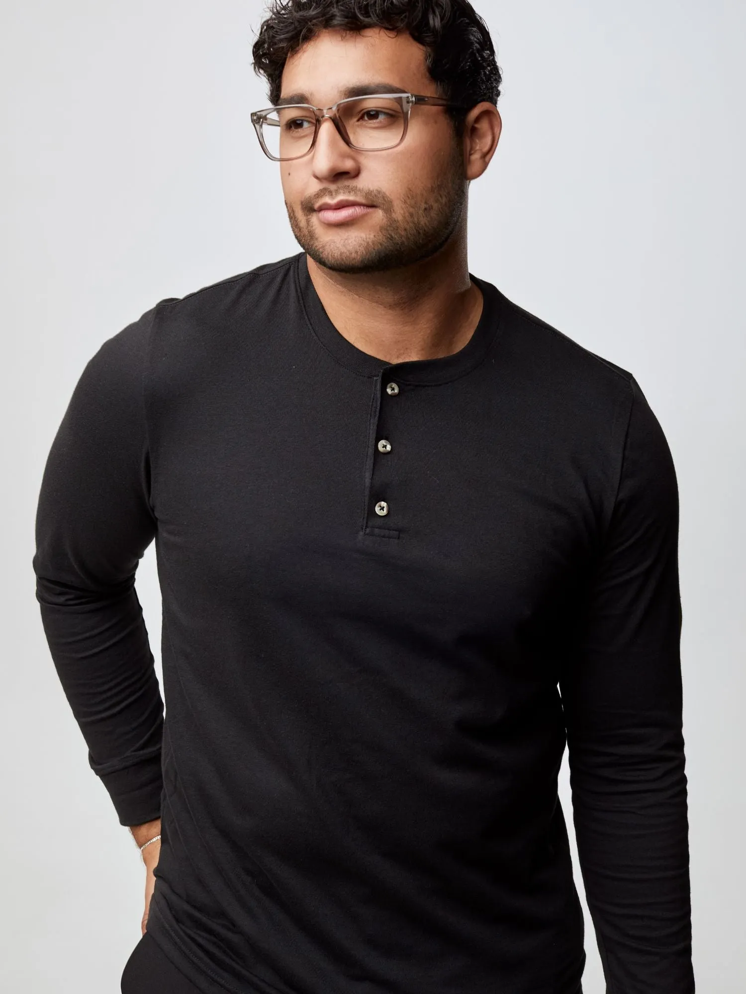 Multi Panel Design easy to pair Black Long Sleeve Henley
