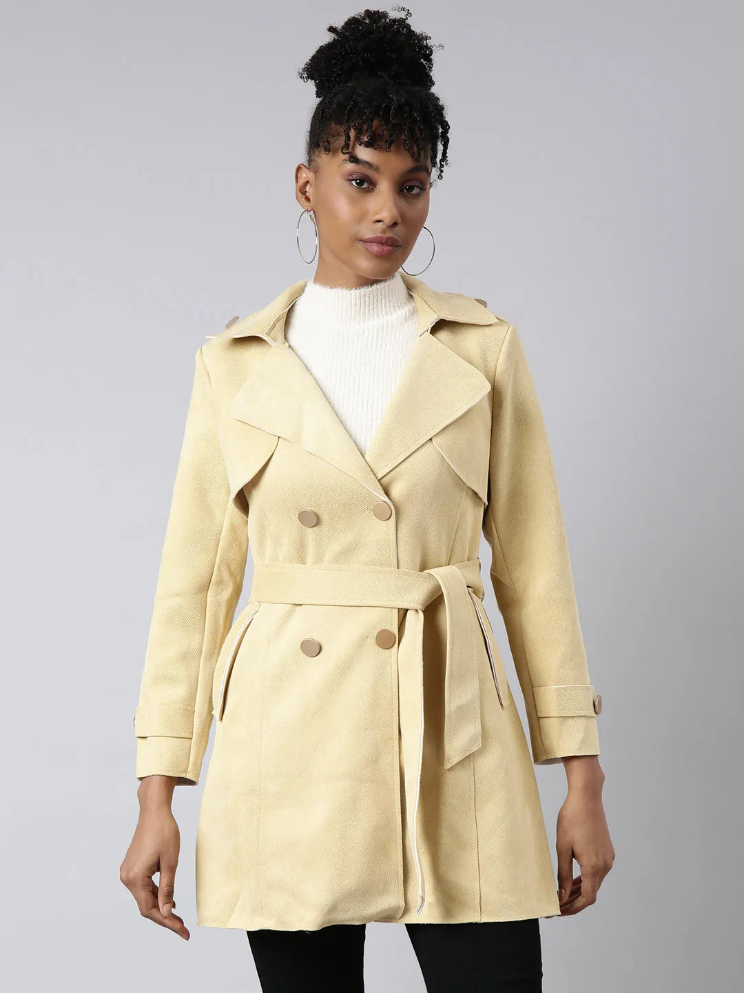 Women's Yellow Notched Lapel Collar Longline Trench Coat Breathable City Style