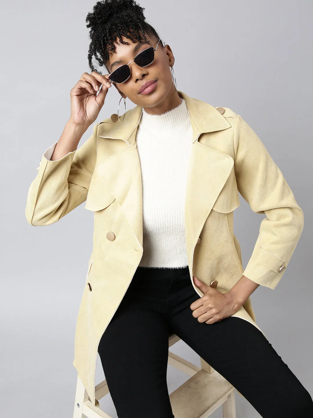 Enhanced Edge Binding Wrinkle Free Material Women's Yellow Notched Lapel Collar Longline Trench Coat