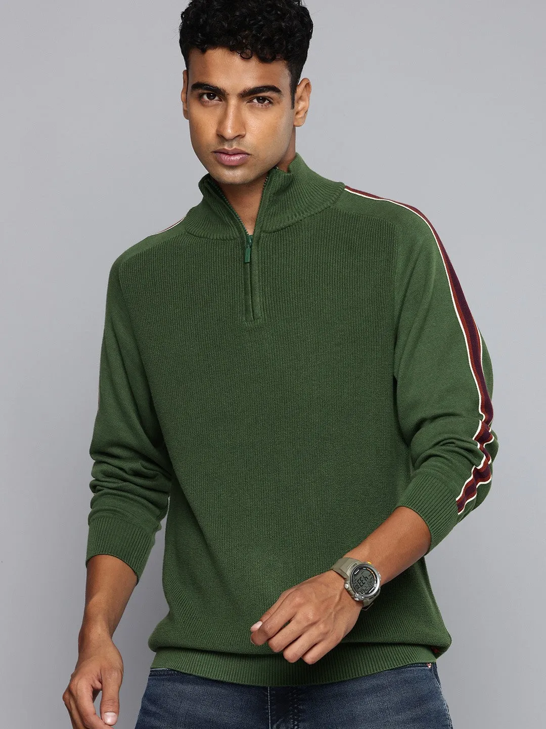 Biodegradable Fabric Men's Striped Green High Neck Sweater