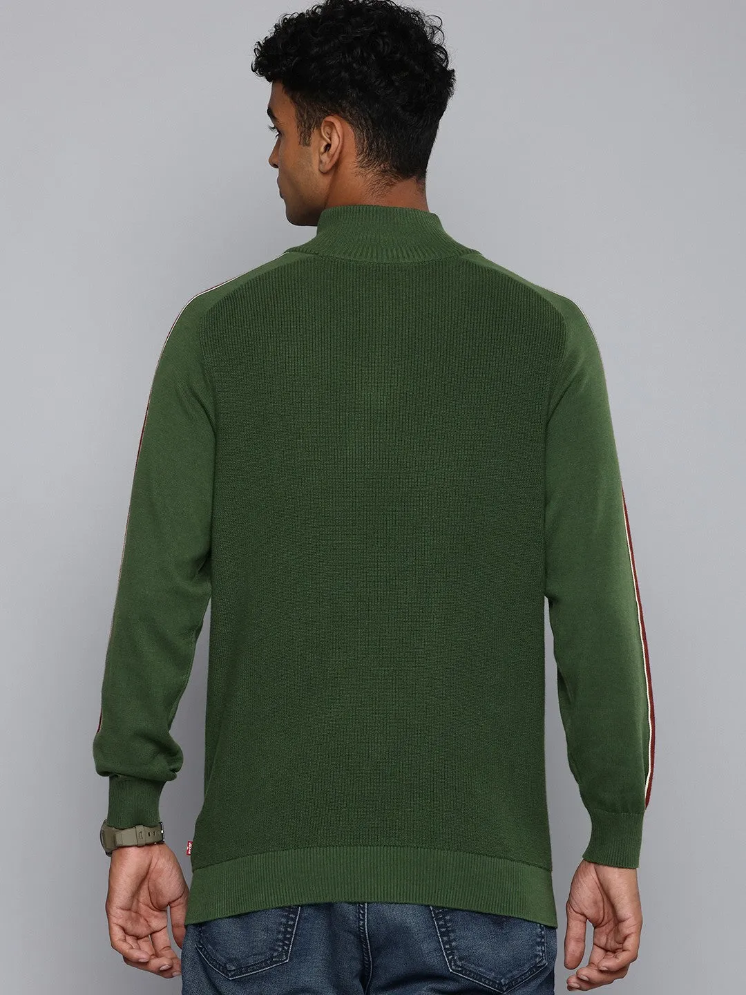 Men's Striped Green High Neck Sweater Subtle Detail QuickDry Fabric