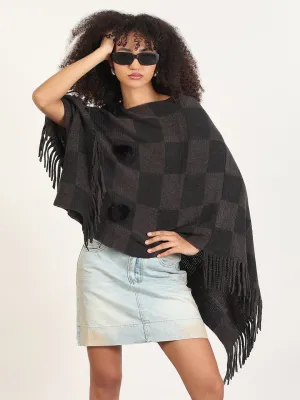 Women's Checked Grey Fringed Edge Poncho LowImpact Dye Process