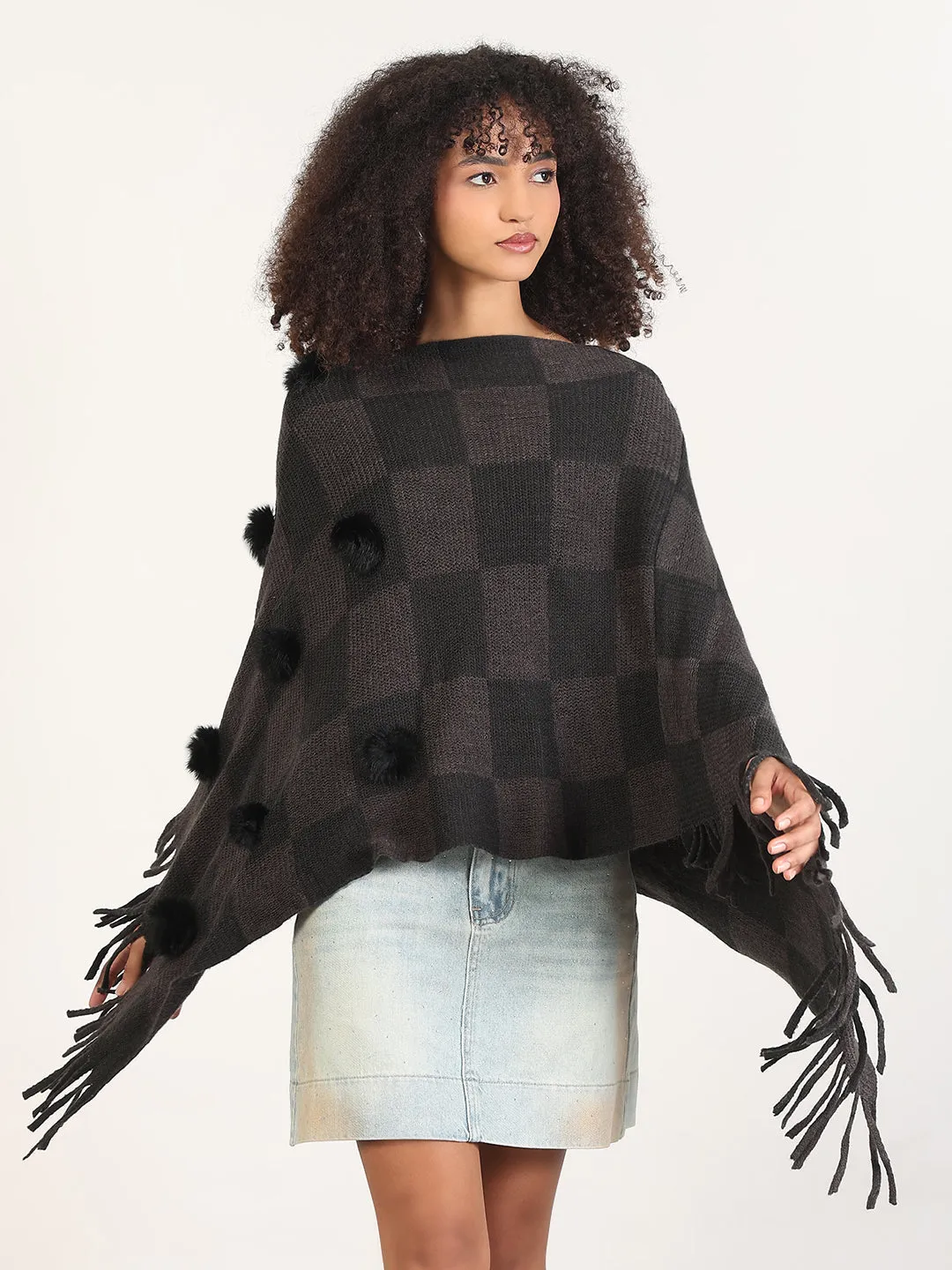 Women's Checked Grey Fringed Edge Poncho Home Comfort Sustainable Material