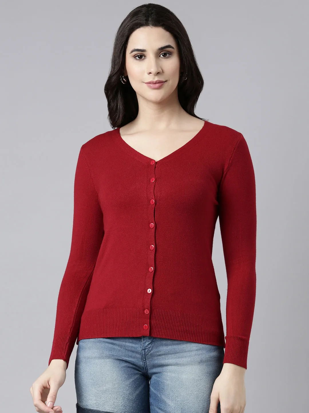 Cold Layer Multi Look Women's Solid Maroon Cardigan