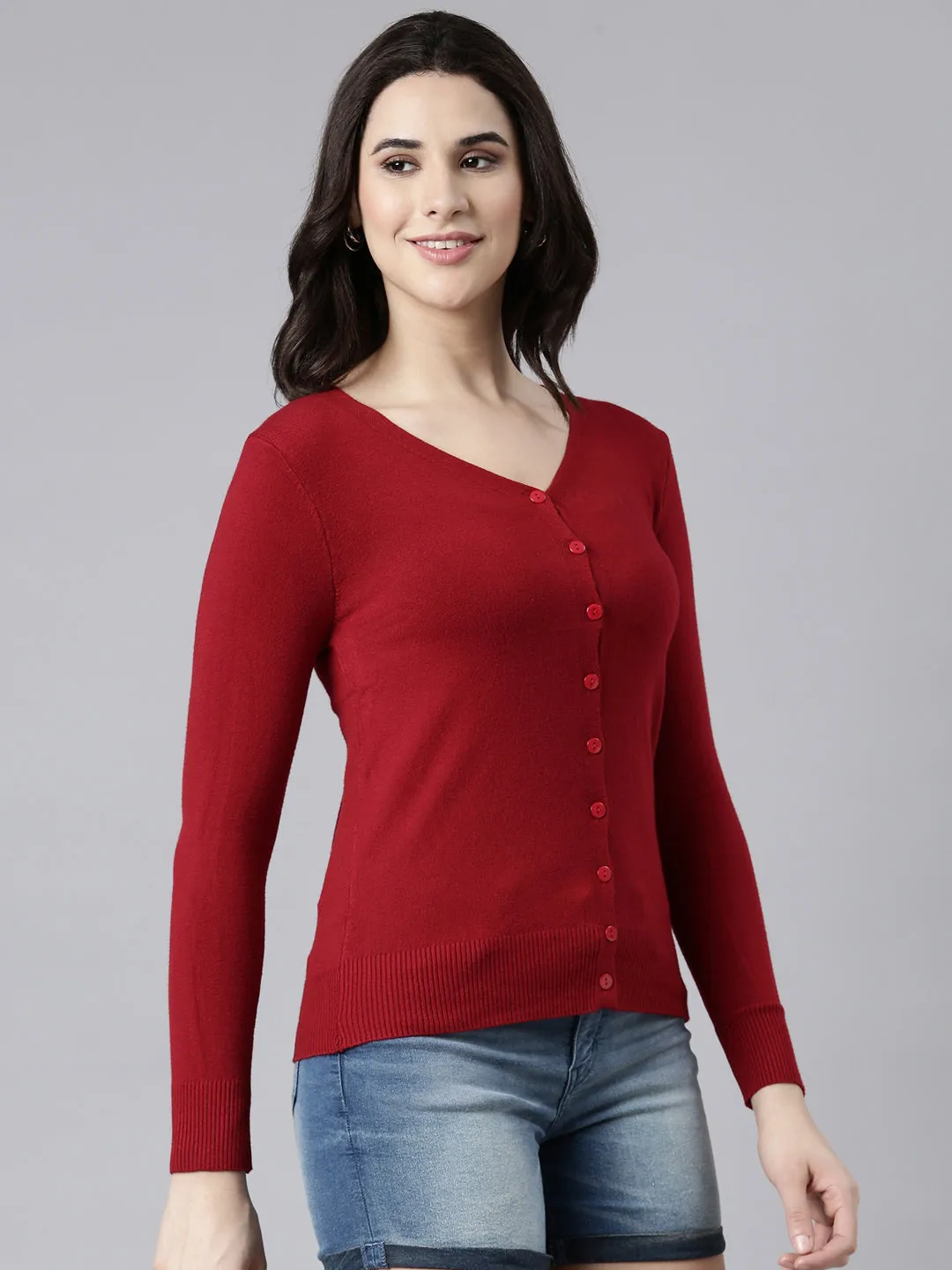 Ribbed Knit Women's Solid Maroon Cardigan