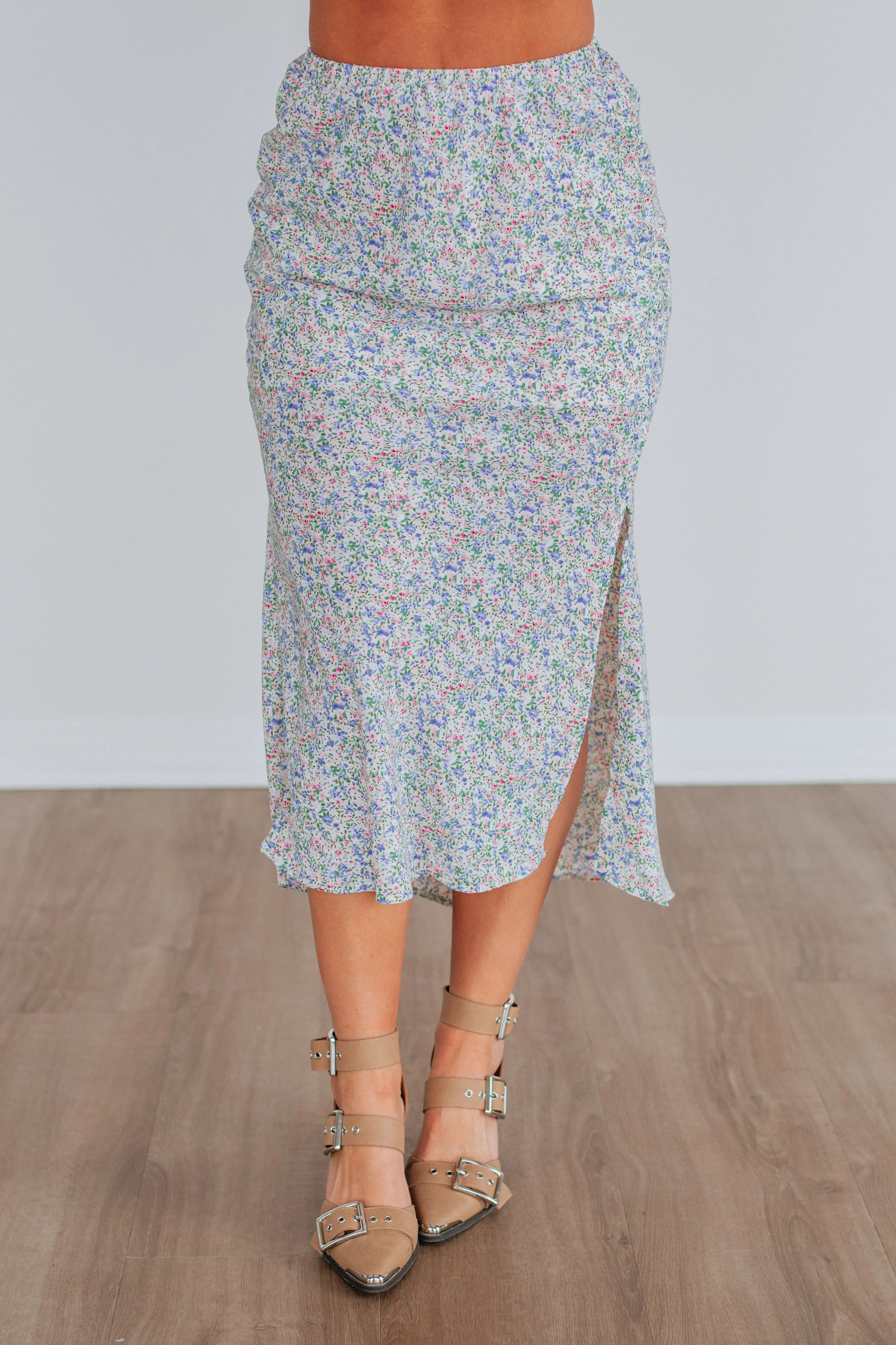 Ruching Details Wrap style Posey Floral Skirt - Sky Blue Mix