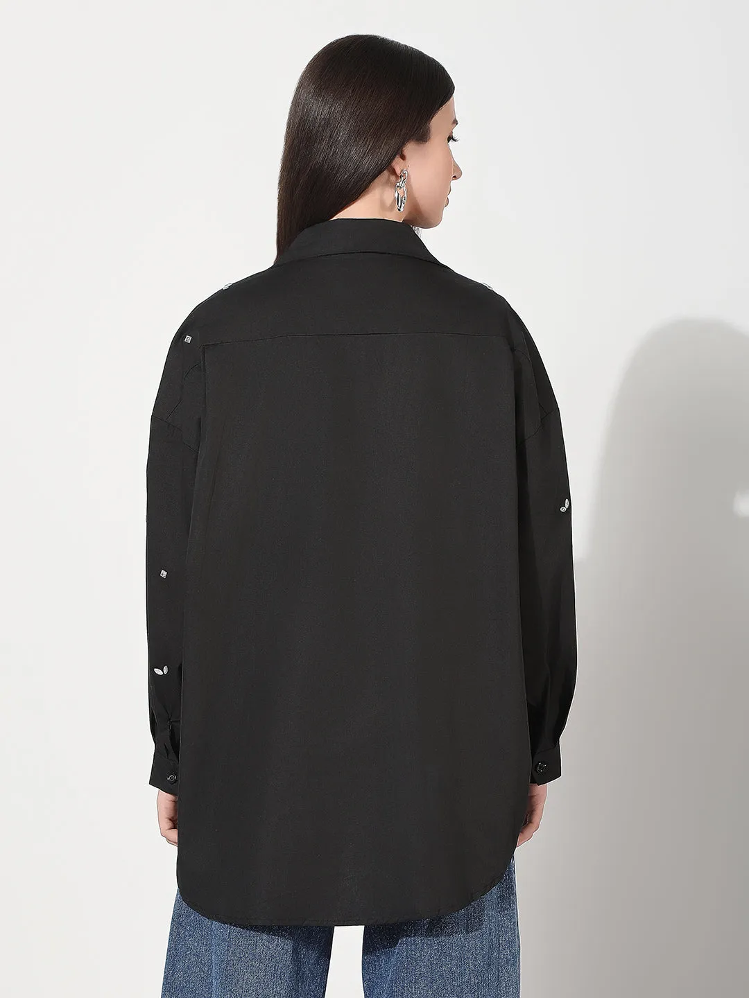 Layered Hem Design Women's Oversized Black Solid Shirt with Motifs
