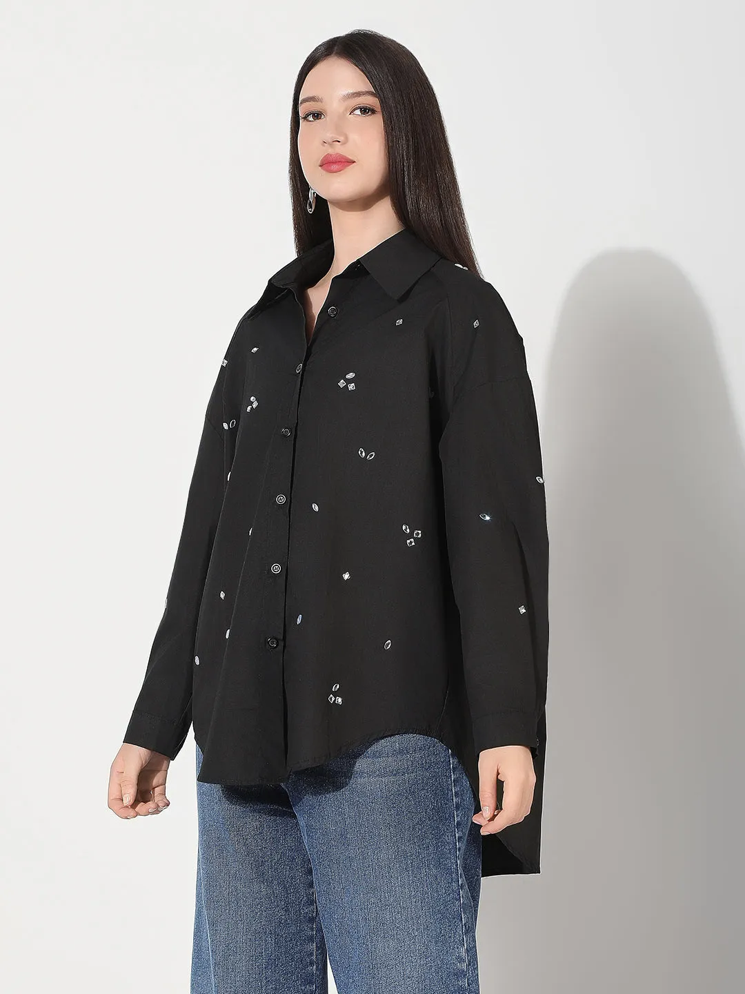 Women's Oversized Black Solid Shirt with Motifs RecycledBlend