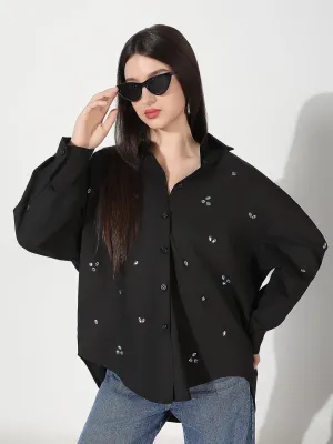 Women's Oversized Black Solid Shirt with Motifs Thermal Regulation Fabric insulated