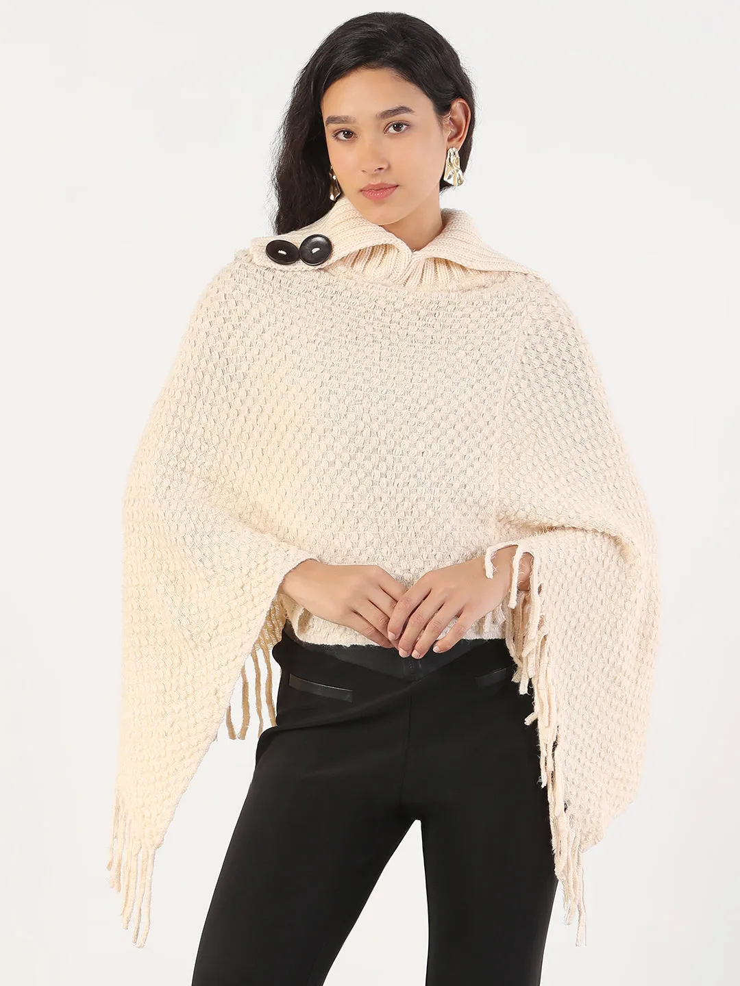 Women's Turtle Neck Solid Cream Poncho Fall Favorites Light Weight