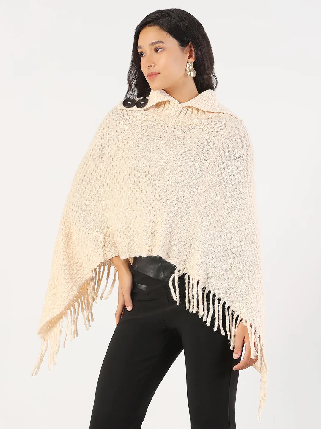 Stretchable Cuffs Women's Turtle Neck Solid Cream Poncho