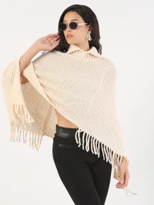 NonChlorine Bleached MachineWashable Structure Women's Turtle Neck Solid Cream Poncho