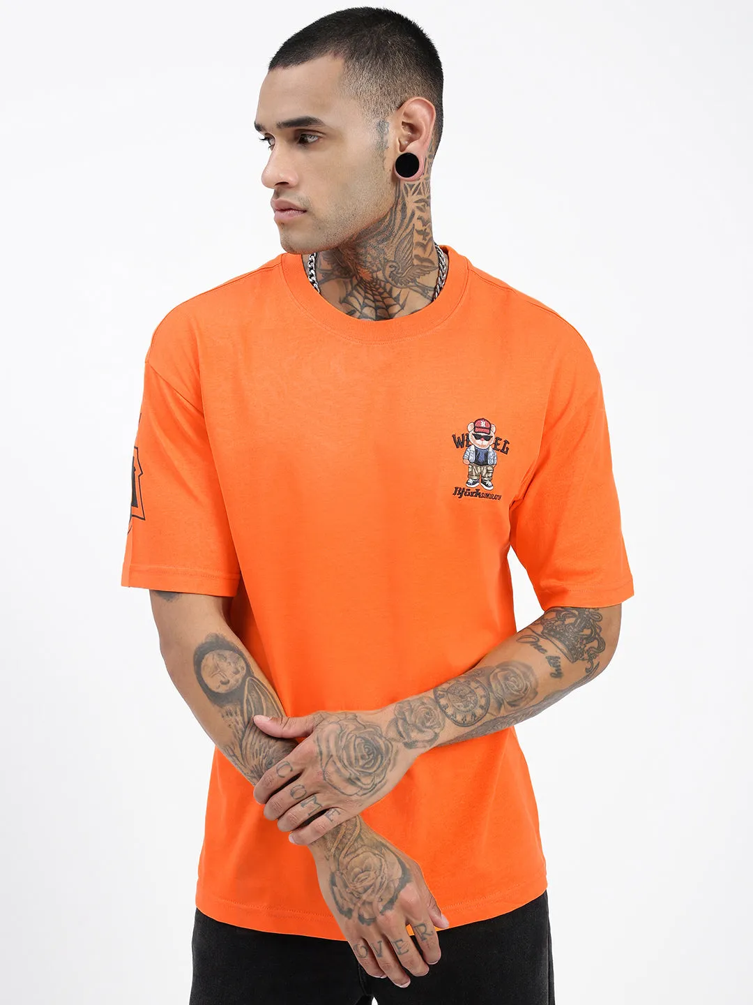 Men's Graphic Orange Round Neck Relaxed Fit T-Shirt Timeless and Chic