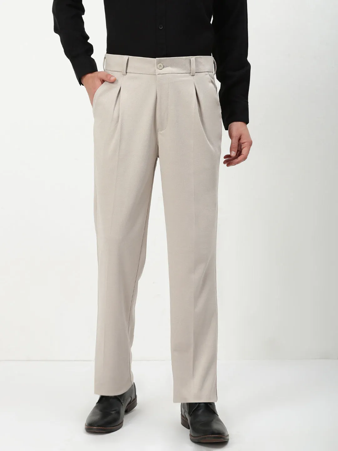 Men's Beige Solid Formal Trousers Flexible Movement Essential Comfort