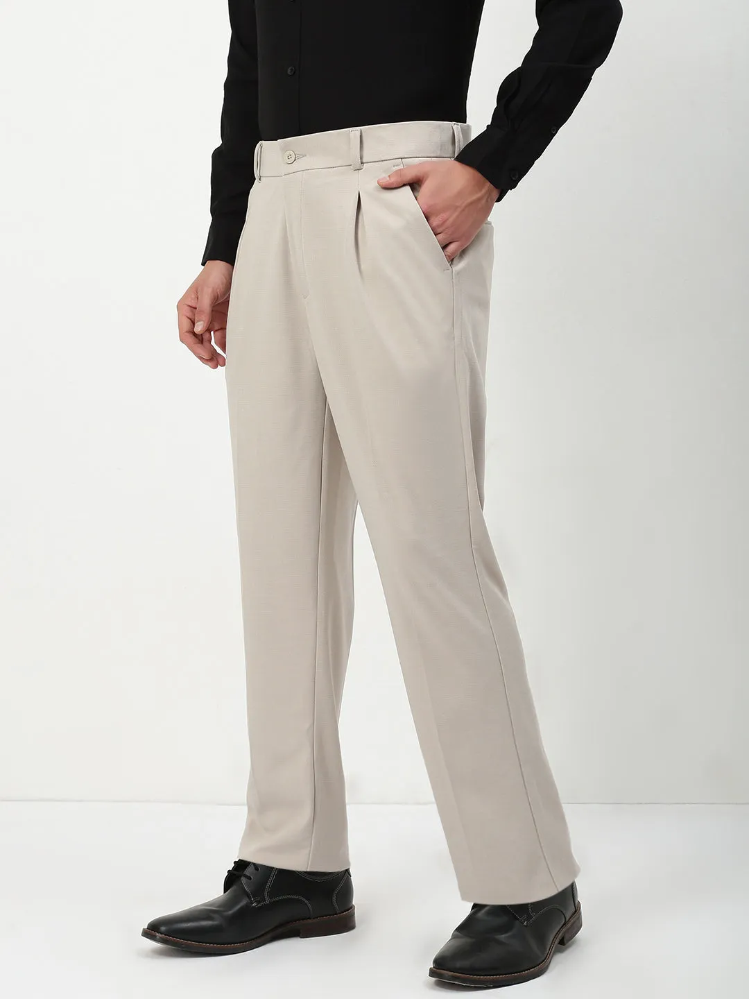 Men's Beige Solid Formal Trousers Essential Wearable
