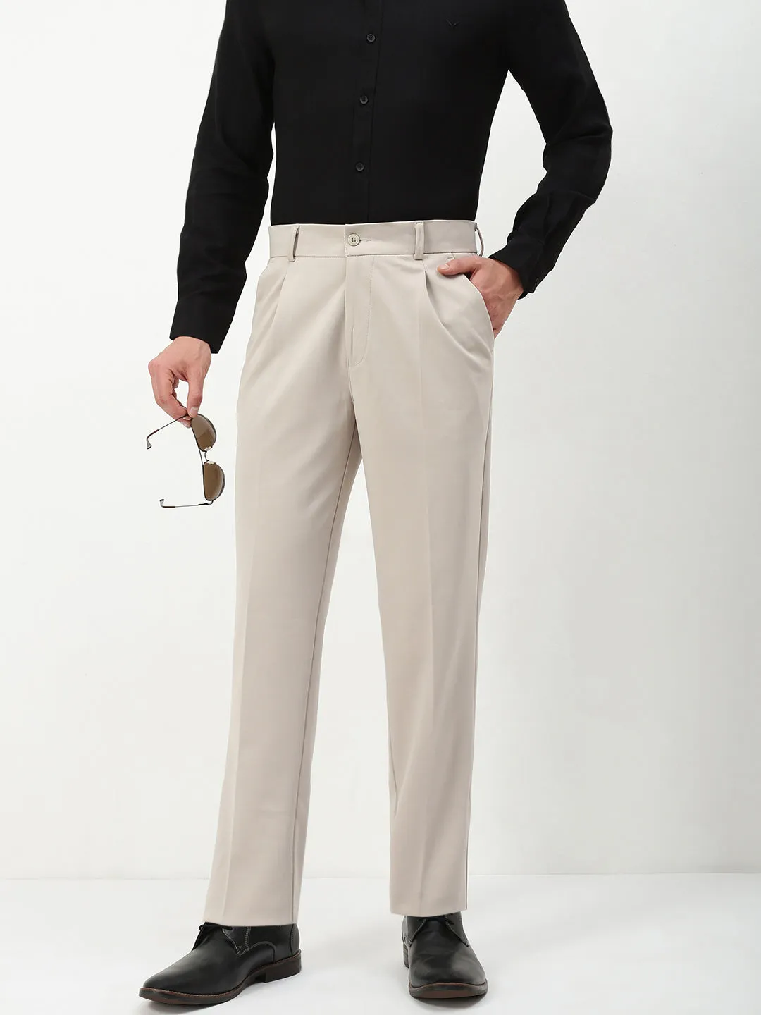 Men's Beige Solid Formal Trousers Work Friendly SecureClosures