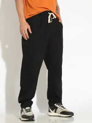 Men's Black Pleated Low Rise Trousers Wide fit