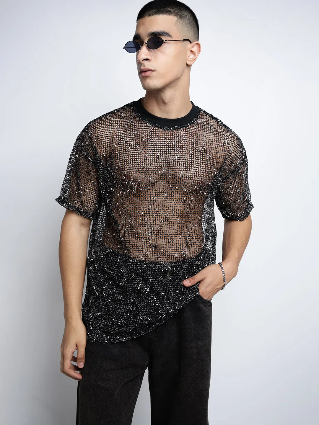 Men's Black Short Sleeves Round Neck Relaxed Fit Mesh T-Shirt VintageWashEffect Yarn Dyed Fabric