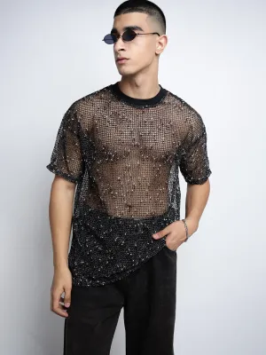Men's Black Short Sleeves Round Neck Relaxed Fit Mesh T-Shirt VintageWashEffect Yarn Dyed Fabric