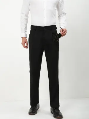 Men's Black Solid Formal Trousers Wrinkle Resistant