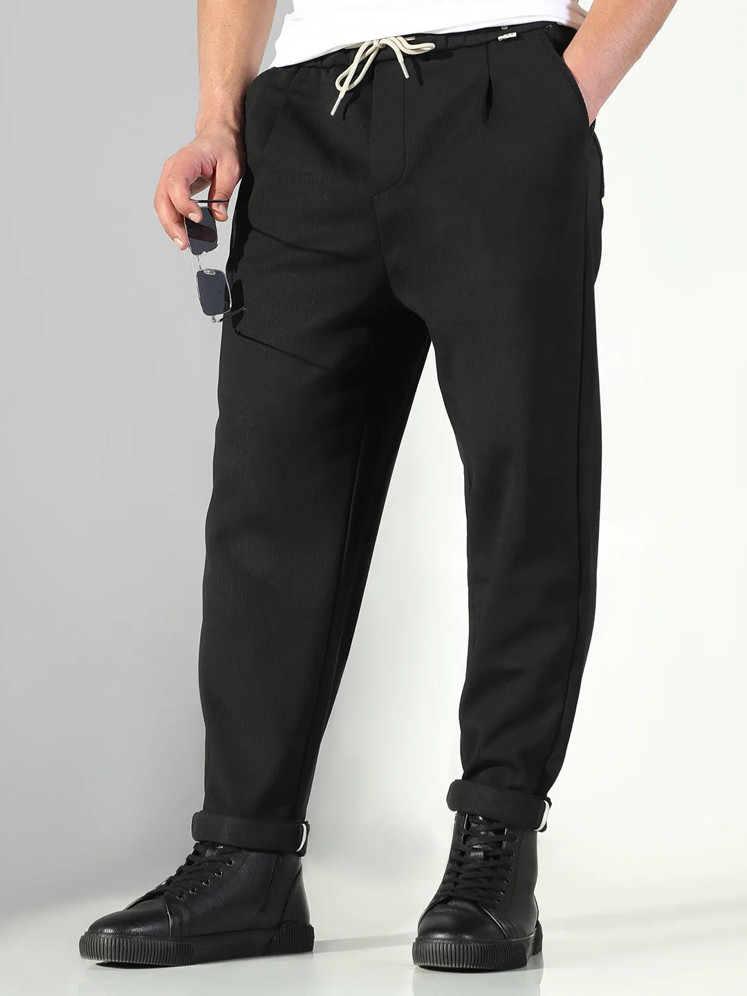Men's Black Solid Korean Trousers Perfect Shape