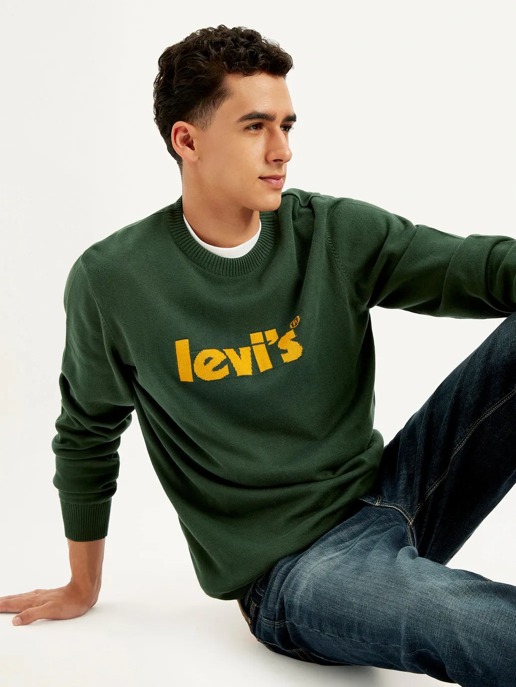 Men's Brand Logo Green Crew Neck Sweater FadeResistant Treatment Breathable Honeycomb Weave