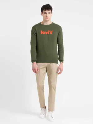 Layered Texture Men's Brand Logo Green Crew Neck Sweater