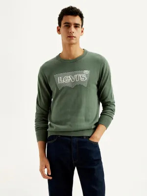 Stay Simple Daily Casual Men's Brand Logo Sage Crew Neck Sweater