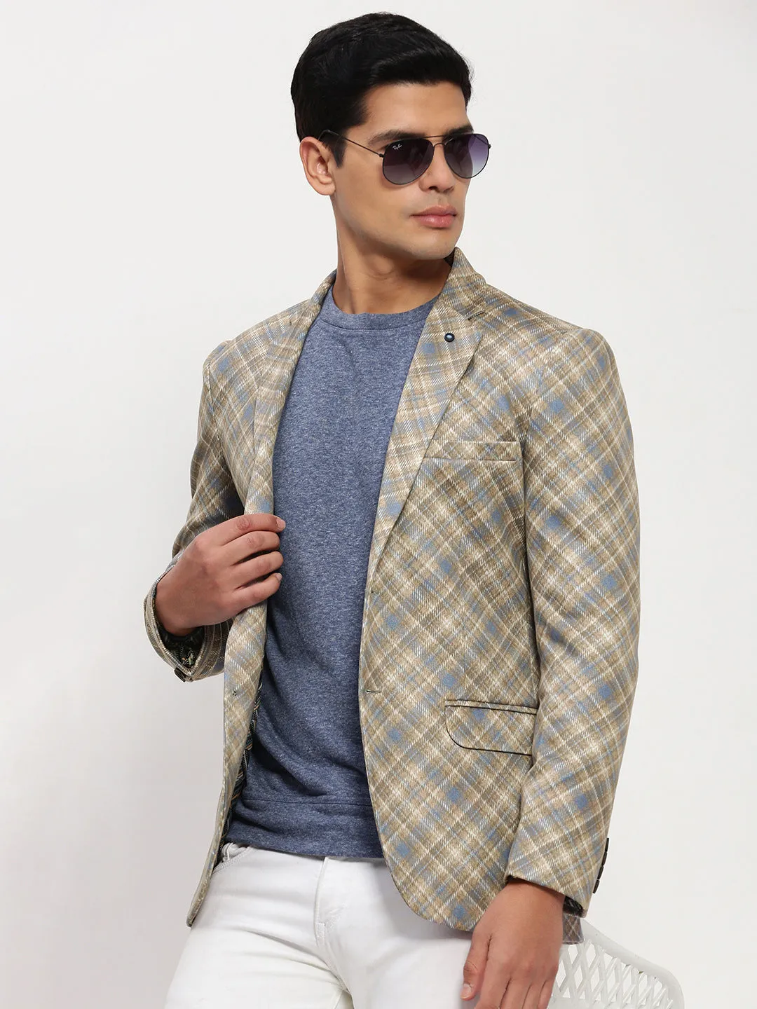 Quilted Stitching Pattern Men's Brown Printed Single Breasted Blazer