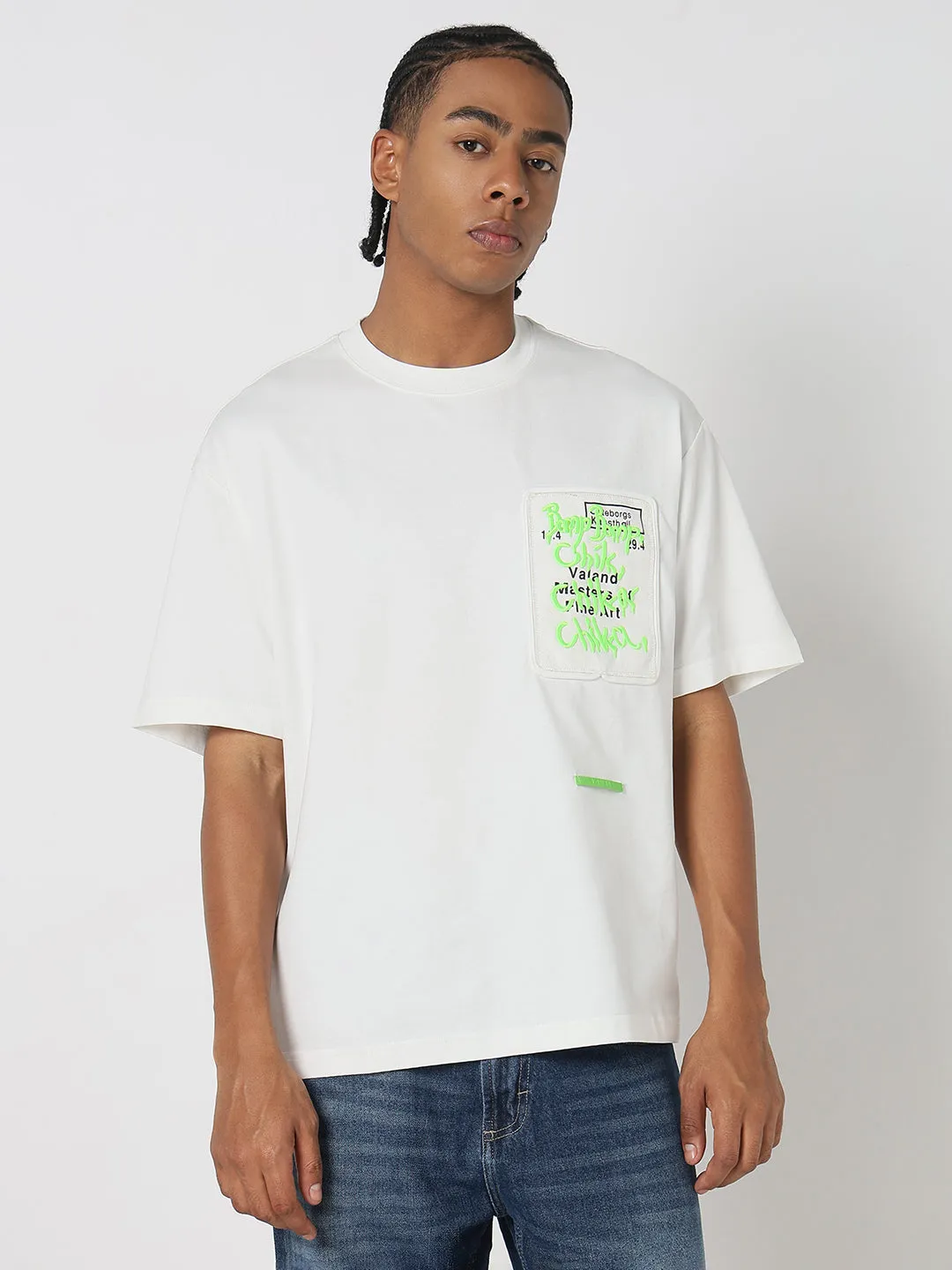 Moisture Control Fabric Reinforced Shoulder Seams Men's Casual White Printed Oversized T-Shirt