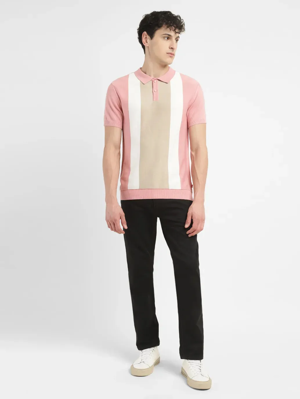 Chill Evening Men's Colorblock Pink Polo Collar Sweater